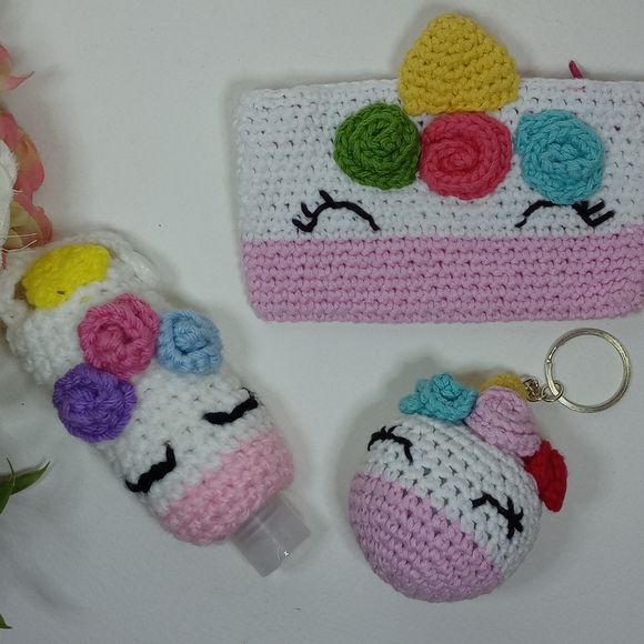 Amigurumi Unicorn Coin Bag, Unicorn Keychain and hand Sanitizer Holder. Crochet - Picture 7 of 8